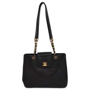 Chanel Shoulder Bag Super Model Caviar Skin Coco Mark Tote Black